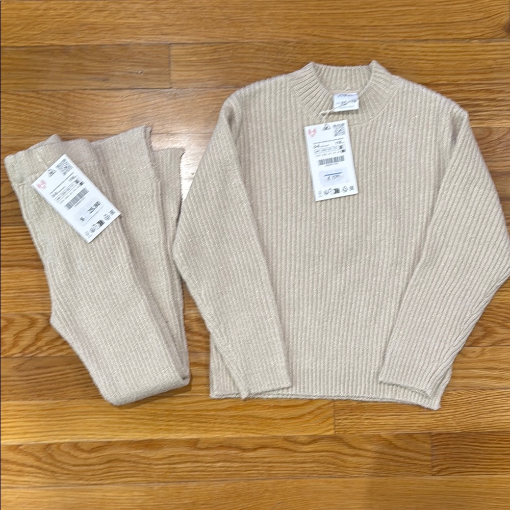 Zara Beige Ribbed Knit Sweater and Pants Set